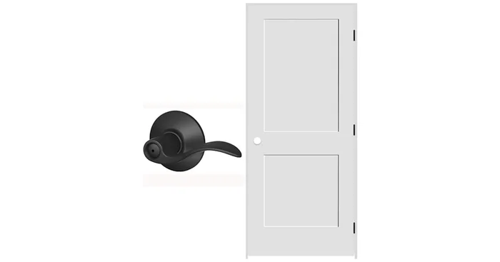 Schlage 28″ W x 80″ H Double Panel Right Handed Interior Prehung Door with 6-9/16″ Door Jamb and Accent Privacy Door lever Set