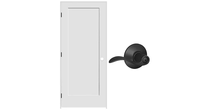 Schlage 28″ W x 80″ H Single Panel Left Handed Interior Prehung Door with 4-9/16″ Door Jamb and Accent Privacy Door lever Set