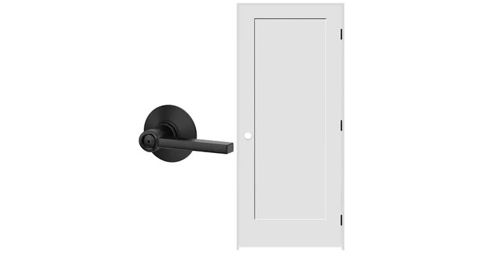 Schlage 28″ W x 80″ H Single Panel Right Handed Interior Prehung Door with 4-9/16″ Door Jamb and Latitude Privacy Door Lever Set