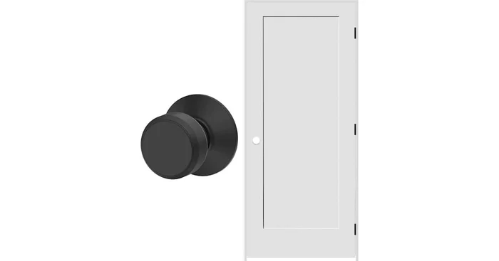 Schlage 28″ W x 80″ H Single Panel Right Handed Interior Prehung Door with 6-9/16″ Door Jamb and Bowery Passage Door Knob Set