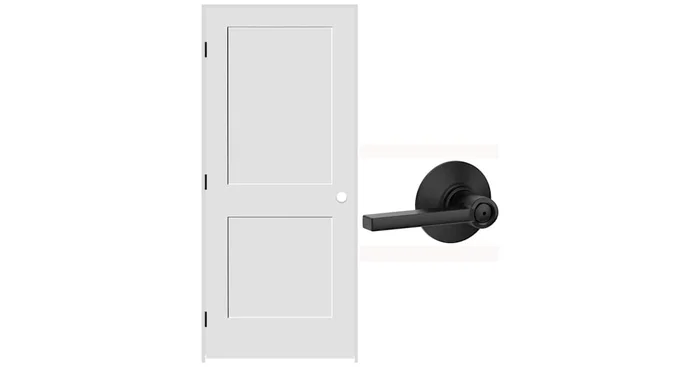 Schlage 30″ W x 80″ H Double Panel Left Handed Interior Prehung Door with 4-9/16″ Door Jamb and Latitude Privacy Door Lever Set