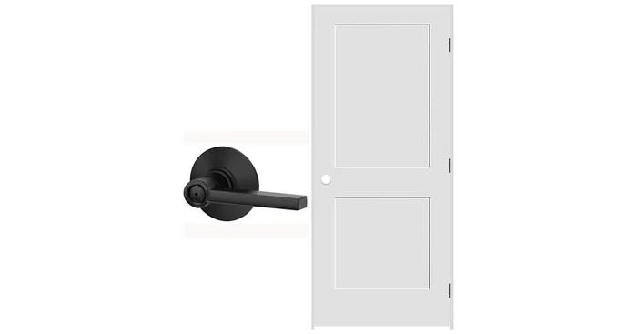 Schlage 30″ W x 80″ H Double Panel Right Handed Interior Prehung Door with 4-9/16″ Door Jamb and Latitude Privacy Door Lever Set