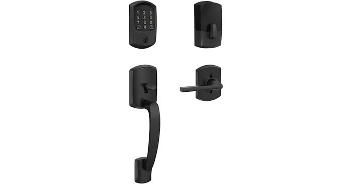 Schlage Encode Greenwich Sectional Electronic Keyless Entry Handleset with Latitude Interior Lever and Decorative Greenwich Trim