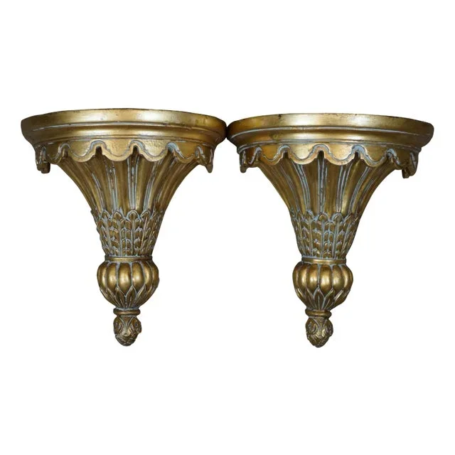 Set of 2 Italian Baroque Style Gold Scalloped Demilune Corbel Wall Shelf Sconces