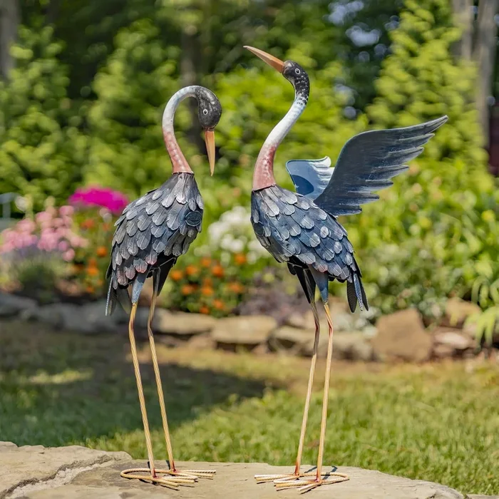 Set of 2 Large Outdoor Iron Blue Paradise Crane Figurines