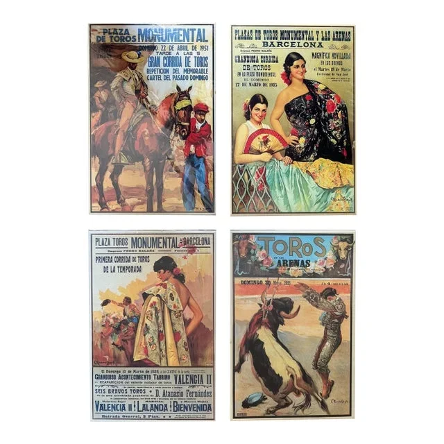 Set of 4 Vintage Spanish Azulejo Ceramic Tiles – Bullfighting Poster Designs