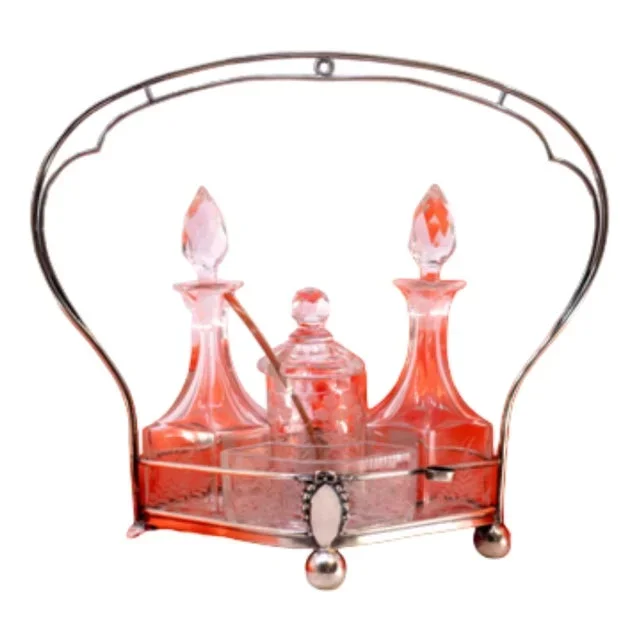 Silver Structure and Cut Glass Cruets and Mustard Jar and Salt and Pepper Containers, Set of 6