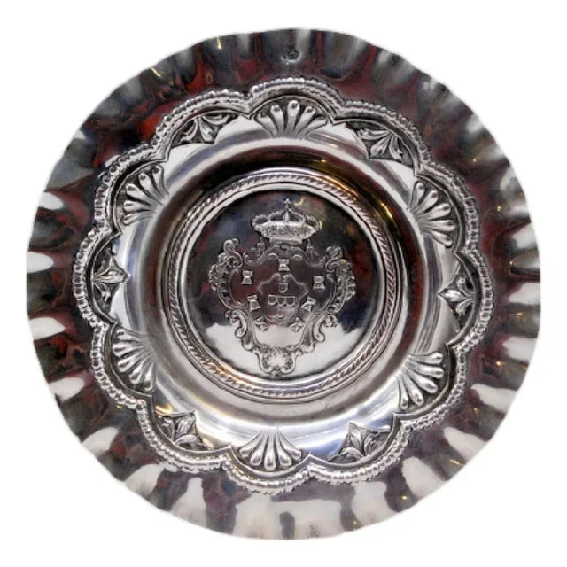 Silver Ticket Counter with Reliefs, Coat of Arms of the Portuguese Crown in the Center and Wavy Edge