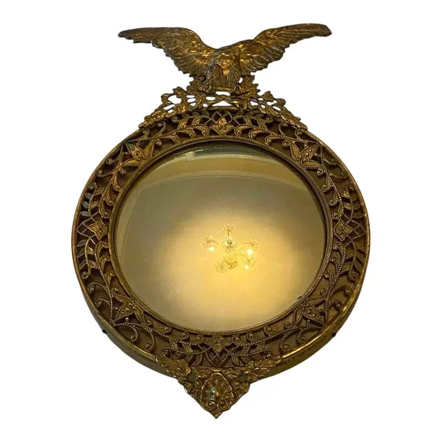 Small Early 20th Century English Regency Style Eagle Gold Gilt Scrollwork Filigree Design Convex Wall Mirror