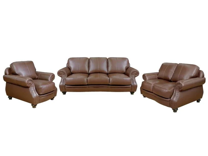 Sunset Trading – Charleston 3 Piece Top Grain Leather Living Room Set Chestnut Brown Rolled Arm Sofa Loveseat and Chair with Nailheads – SU-CR2130-86-LF3P