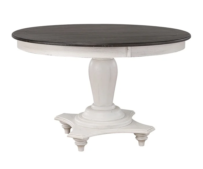 Sunset Trading – French Chic 48” Round Adjustable Pedestal Dining Table – Distressed Antique White and Walnut Brown – DLU-FC4848