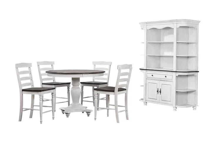 Sunset Trading – French Chic 48in Round Adjustable 30”H or 36” Counter Height Pedestal Dining Table Set – Distressed Antique White and Walnut Brown – DLU-FC4848-1432-BH7P