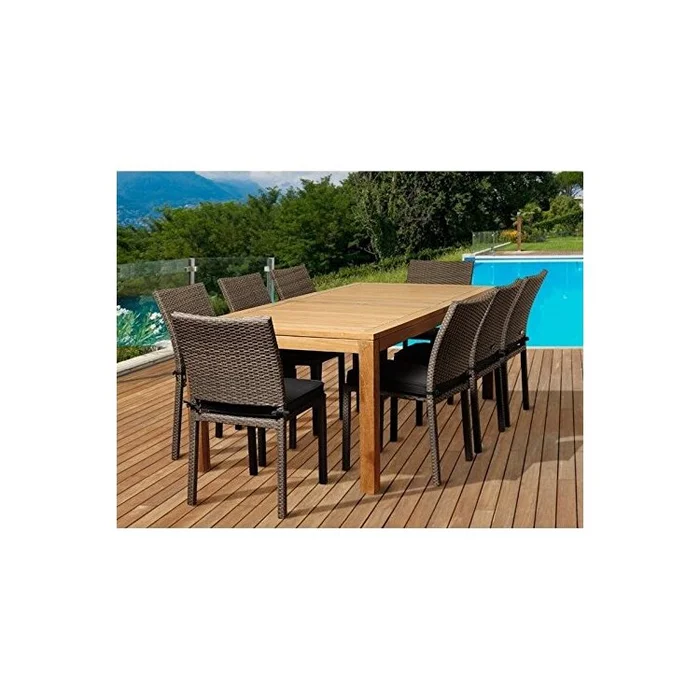 Teak/Wicker Rectangular Patio Dining Set Grey Cushions 9 Piece – International Home Miami
