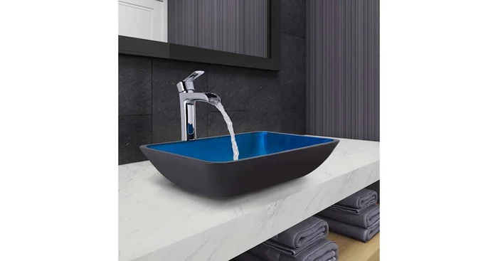 Vigo Donatello 18″ Rectangular Glass Vessel Bathroom Sink with 1.2 GPM Waterfall 11″ H Deck Mounted Bathroom Faucet and Pop-Up Drain Assembly