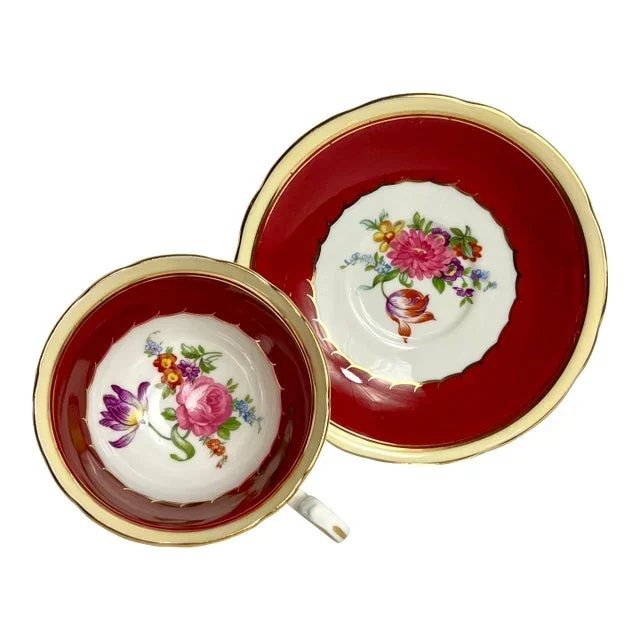 Vintage Aynsley Maroon Burgundy Floral Teacup & Saucer, Gold Trim, Iris, Primrose, Peoni, Violet, Mum