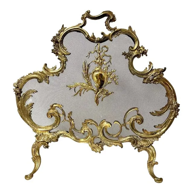 Vintage French Brass Free Standing Fireplace Screen Circa 1820