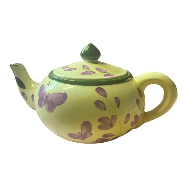 Vintage Hand Painted Floral & Butterfly Ceramic Tea Pot