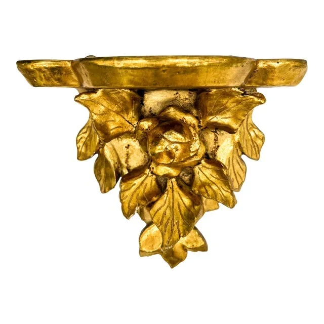 Vintage Italian Giltwood Rose & Leaf Wall Bracket/ Shelf – Mid-20th Century