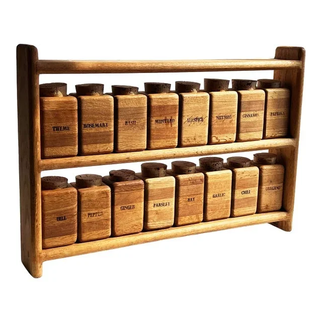 Vintage Mid Century Modern Solid Wood Spice Rack With 16 Solid Oak Jars and Cork Lids