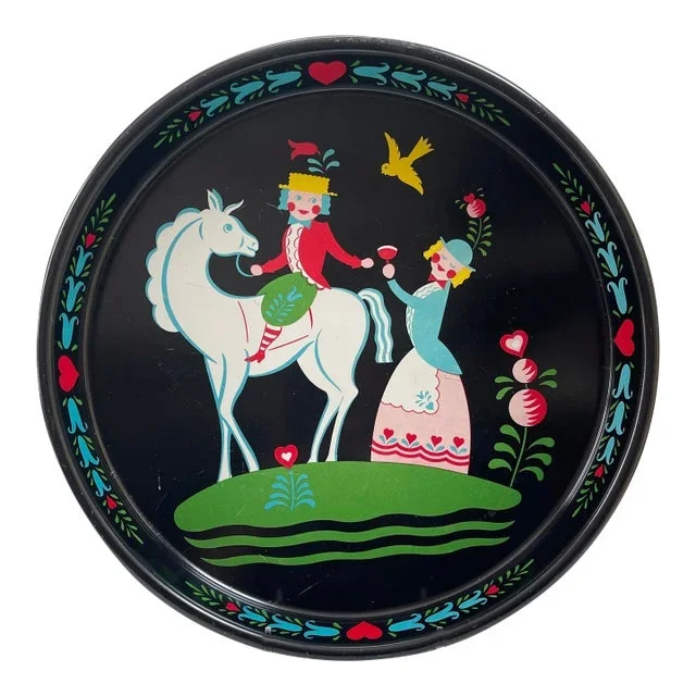 Vintage Scandinavian Folk Art Metal Tray W/ Horse