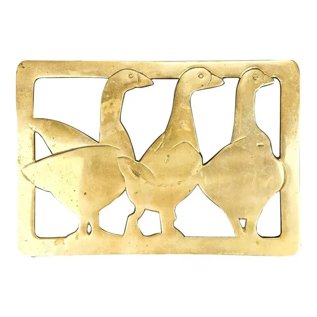 Vintage Solid Brass Duck Family Goose Trivet Stand