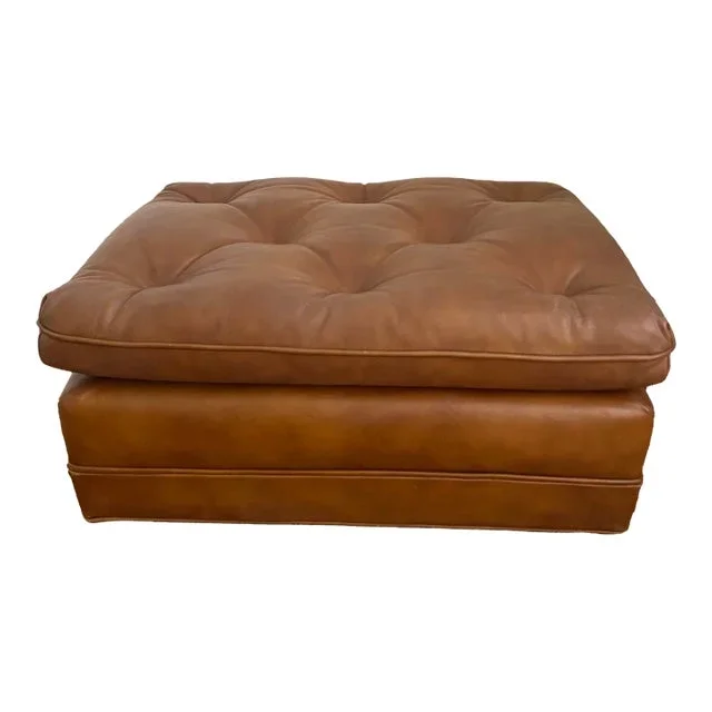 Vintage Tufted Leather Ottoman on Brass Casters