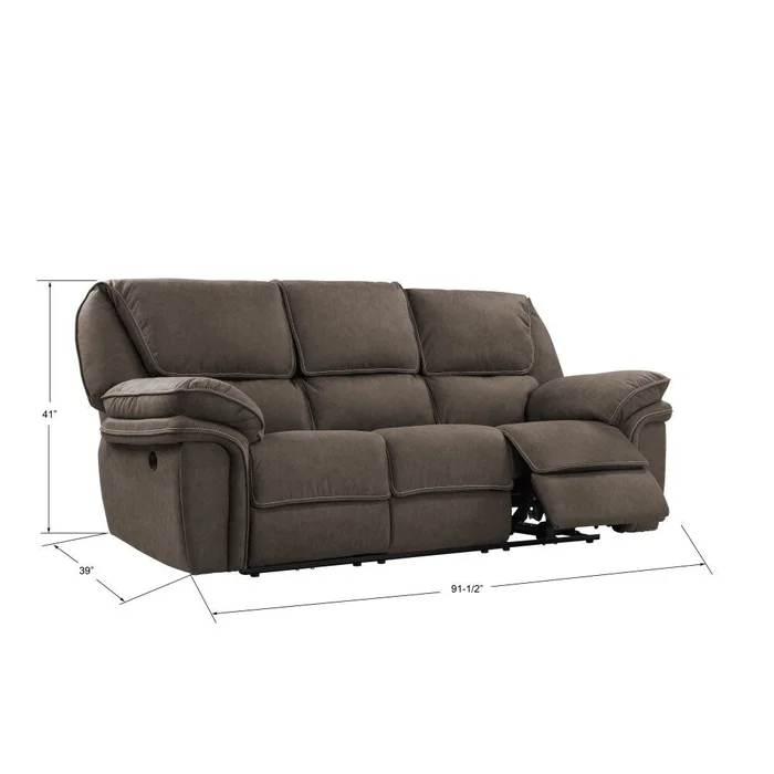 Wallace & Bay – Baker Gray Brown 92in Power Reclining Sofa with Dual Recliners, Microsuede Upholstery, And USB Charging Station – U510462