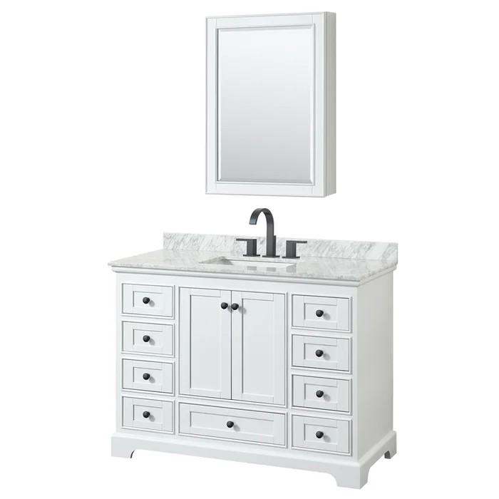 White 48 Bathroom Vanity with Carrara Marble Top Medicine Cabinet
