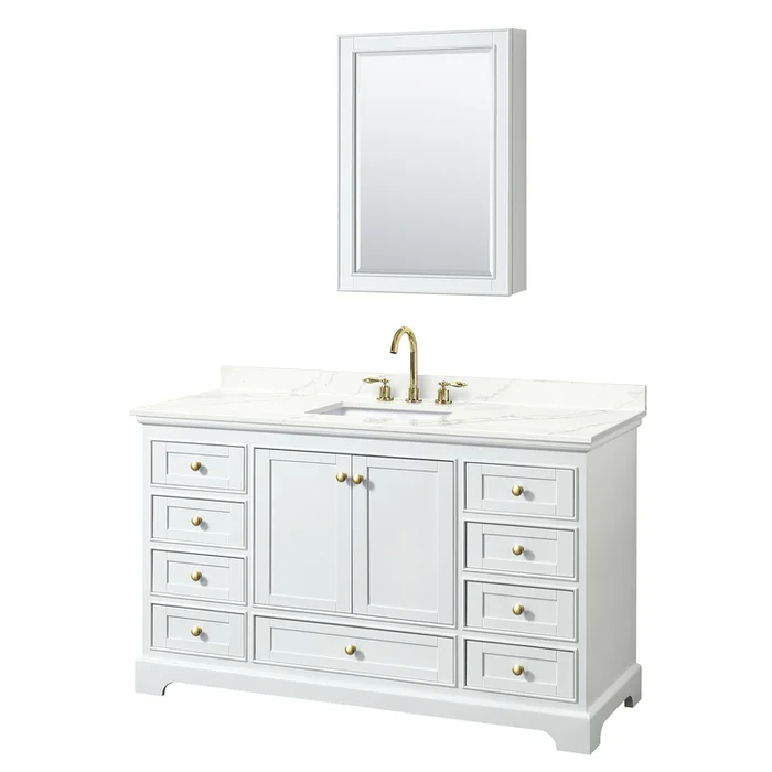 White 60 Inch Bathroom Vanity Quartz Countertop Sink Gold Trim