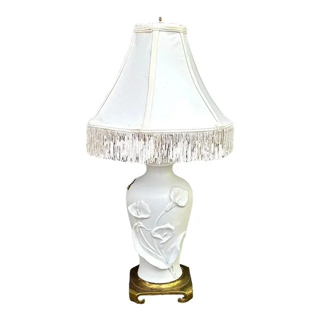 White Ceramic Lily Lamp W/ Brass Ming-Style Base