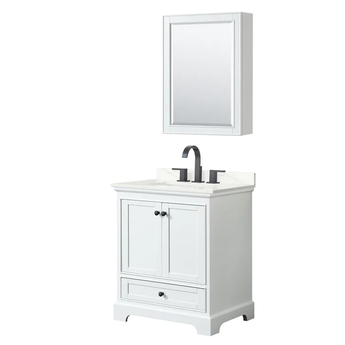 White Single Bathroom Vanity Countertop Sink Matte Black Trim 30 Inch