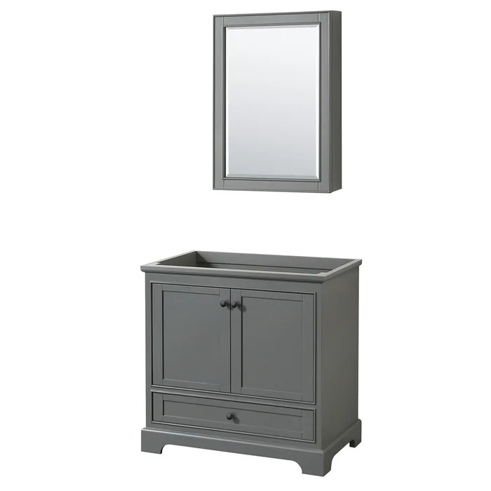 Wyndham Collection Deborah 36 Inch Single Bathroom Vanity in Dark Gray, No Countertop, No Sink, Matte Black Trim, Medicine Cabinet