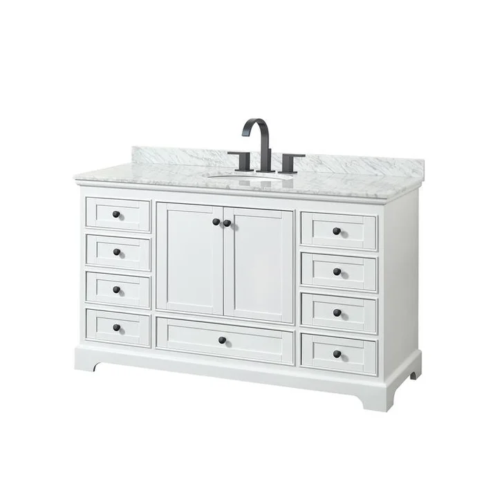 Wyndham Collection Deborah 60 Inch Single Bathroom Vanity in White, White Carrara Marble Countertop, Undermount Oval Sink, Matte Black Trim